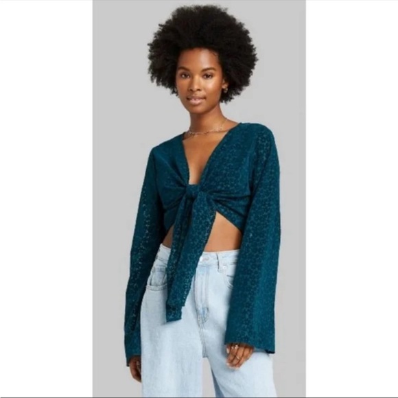 Wild Fable brand Teal Velvet Floral Cropped Tie Front Bell Sleeve Top ✨ - Picture 2 of 11